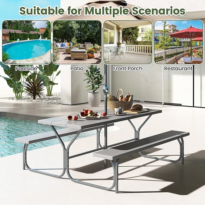 Giantex 6FT Picnic Table Bench Set Outdoor Camping All Weather Metal Base Wood-Like Texture Backyard Poolside Dining Party Garden Patio Lawn Deck Furniture Large Camping Picnic Tables for Adult, Grey