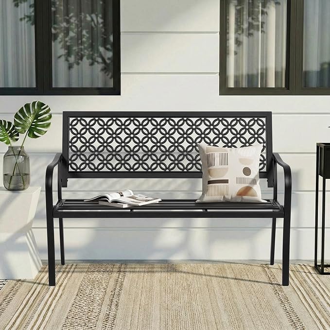 ONBRILL 50" Outdoor Bench, Garden Benches with Galvanized Metal Frame, Front Porch Bench with Floral Backrest, Patio Furniture with Adjustable Feet for Park, Yard, Lawn, Entryway, Black