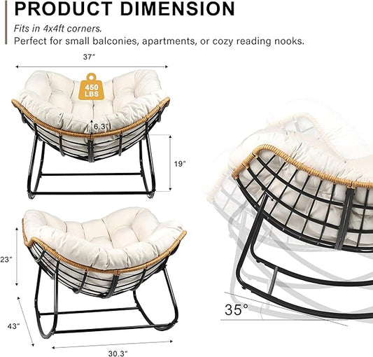 Outdoor Egg Rocking Chair, Indoor Papasan Rocking Chair with Thick Cushion, Modern Lounge Rocker for Balcony, Living Room, Bedroom, Porch, Lawn, Garden (Ivory)