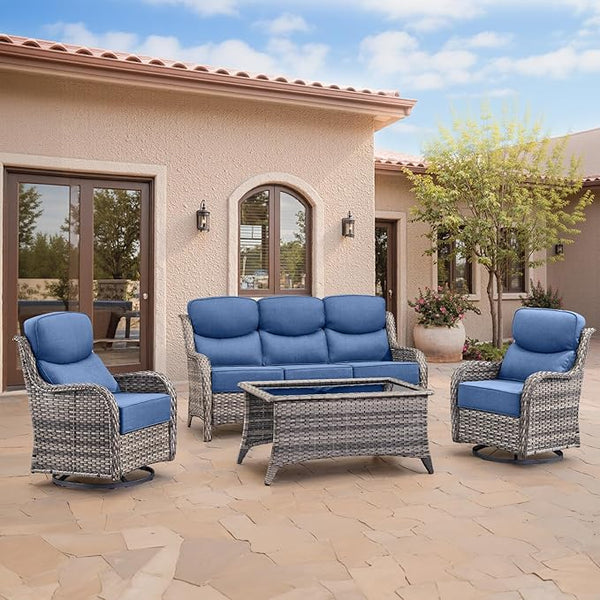 Swivel Patio Chairs sofa Set of 4 with 6" Thick Cushion - Wicker Outdoor Swivel Rocker Patio Chair ,Sofa/Glass coffee - Photo 1
