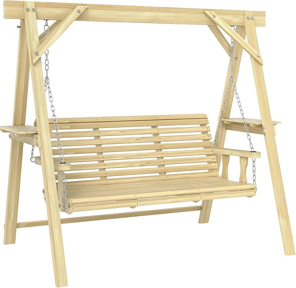 Outsunny 3 Seat Porch Swing with Stand, Wooden Patio Swing Chair with Side Tables and Metal Chains - Photo 1