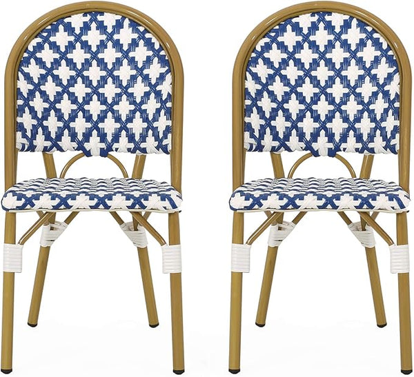 Christopher Knight Home Anastasia Outdoor French Bistro Chair (Set of 2), Blue + White + Bamboo Print Finish - Photo 1
