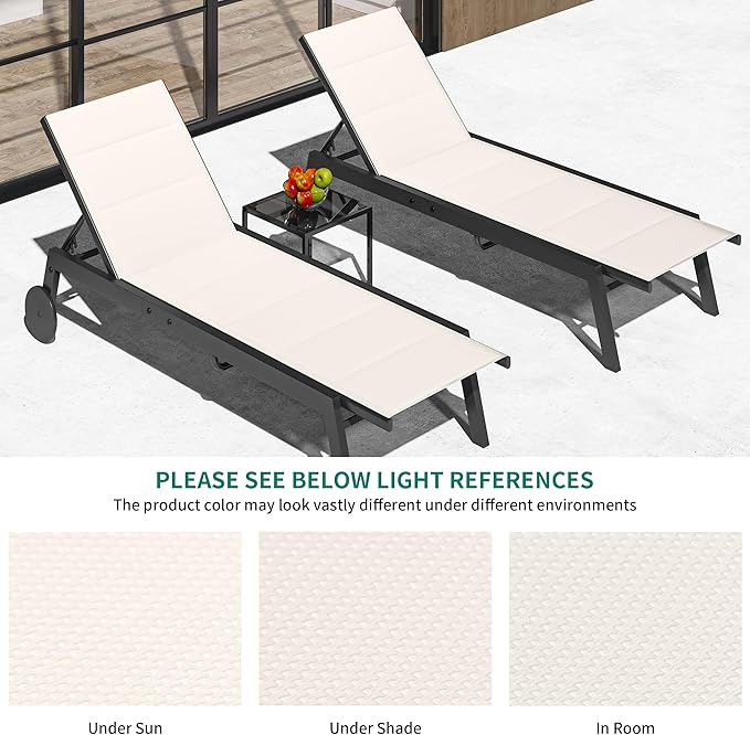 YITAHOME Patio Chaise Lounge Set of 3, Outdoor Lounge Chairs with Side Table, Padded Fabric, and Wheels, Adjustable Backrest Poolside Loungers for Pool Beach Patio Porch - Beige