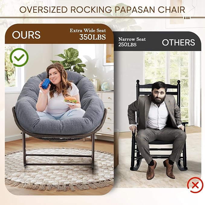 Large Indoor Rocking Chair Set of 2, Oversized Rocking Papasan Chair with Thick Cushion and Frame,Comfy Teddy Rocker Wicker Egg Chairs Lounge Reading Chair for Living Room, Bedroom, Dark Grey