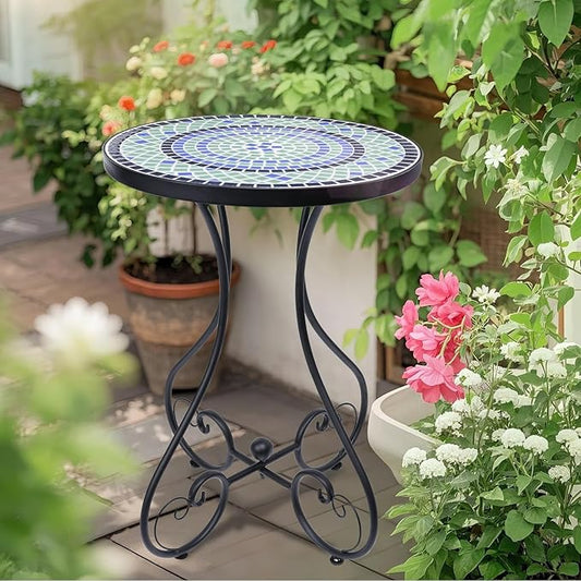 VCUTEKA Mosaic Outdoor Side Table, Round Rustproof Patio Table with 14" Ceramic Tile Top, Indoor Porch Accent Table for Yard, Garden, Living Room, Bistro Balcony, Blue