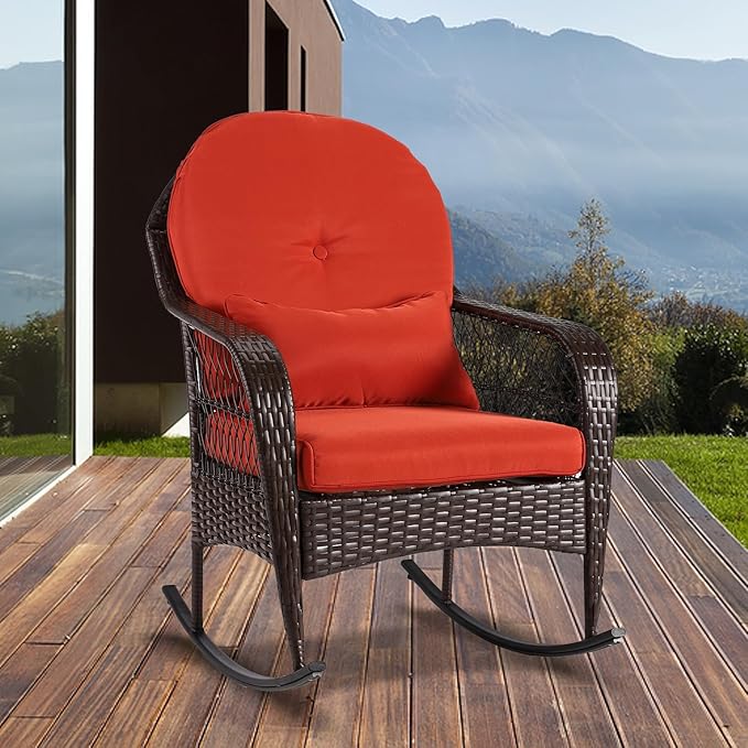 Outdoor Wicker Rocking Chair, 2 Piece PE Rattan Rocker Set with Cushion & Pillow, Outdoor Rocking Furniture for Garden, Porch, Backyard, Poolside (Brown Rattan+ Orange Cushion)
