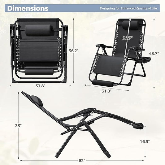 Homall Oversized Zero Gravity Chair, 32In Recliner Lounge Chair with Removable Soft Cushion and Cup Holder, Adjustable Anti Gravity Chair Folding Patio Chairs Padded for Indoor and Outdoor (Black)