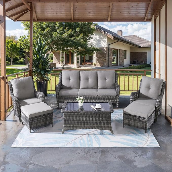 HUMMUH Outdoor Furniture 6 Pieces Patio Furniture Set Wicker Outdoor Sectional Sofa with 2 Patio Chairs, Ottomans - Photo 1