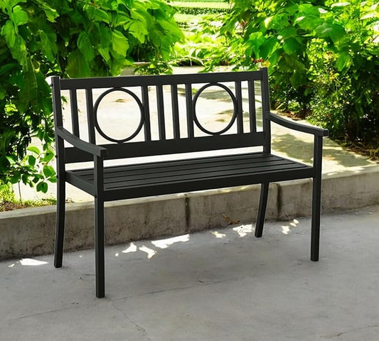 HomeRoots 45" Black Metal Geometric Back Garden Patio Bench