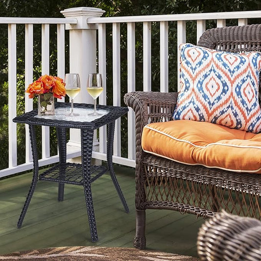 Outvita Outdoor Side Table, Patio Rattan Coffee Table Small End Table with Glass Tabletop and Storage Shelf for Patio Porch Backyard Balcony Living Room