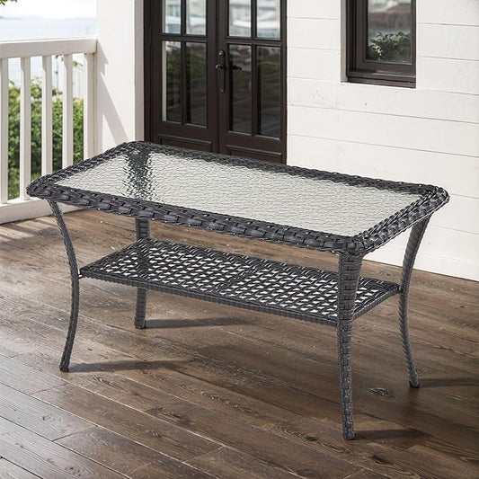 Belord 38 Inch Outdoor Coffee Table with 2 Tier Storage - Wicker Coffee Table with Water Ripple Texture Tempered Glass Top, All Weather Patio Coffee Table for Deck Porch Balcony Garden Black