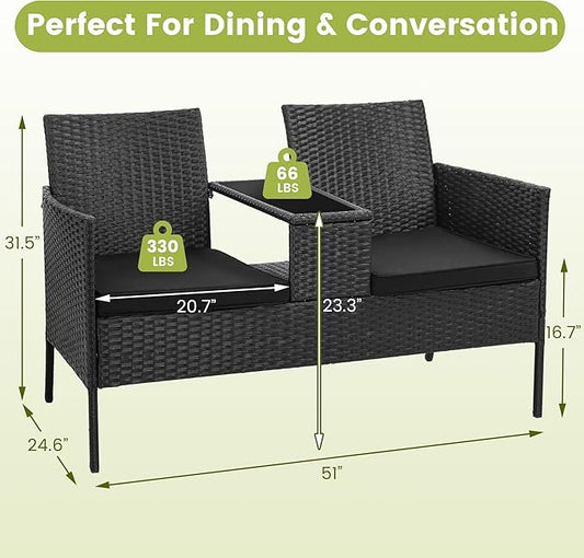 Kromax Wicker 2 Seat Patio Loveseat, Outdoor Rattan Loveseat with Table, Washable Cushion Covers, Backyard, Garden, Lawn, Black Rattan with Black Cushion