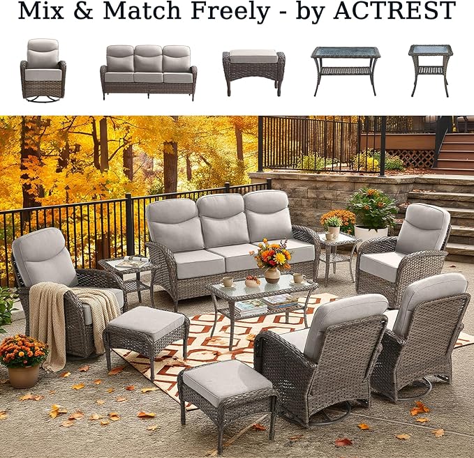Outdoor Ottomans Patio Footrest Set of 2 - High Back Comfortable Brown Wicker Rattan Steel Frame Footstool Additional Bench Side Table for Porch Balcony Deck Garden Poolside - Beige