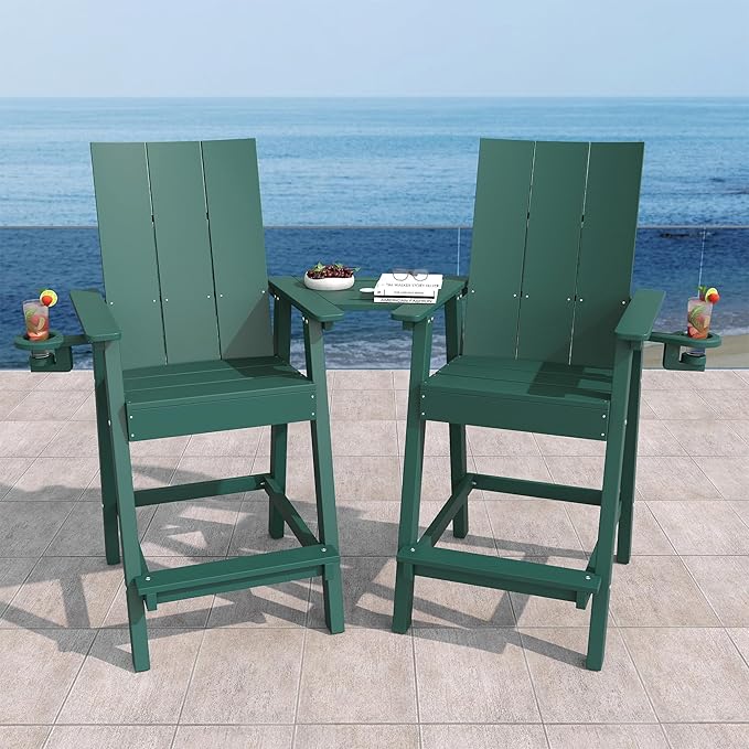 Tall Adirondack Chair Set of 2, HDPE Balcony Chairs with Connecting Tray, Two Cup Holders, All-Weather Adirondack Bar Stools for Patio, Balcony, Backyard, Poolside, Dark Green