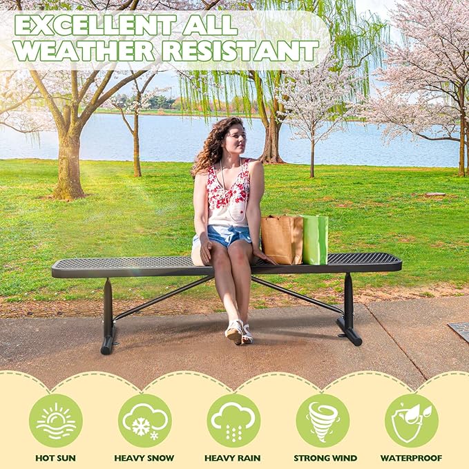 6FT/72INCH Heavy Duty Metal Park Bench for Outside, Weatherproof Commercial Outdoor Garden Benches, Expanded Metal Mesh Bench for Shopping Malls, Lawn, Park, Deck, Patio, Porch, Black