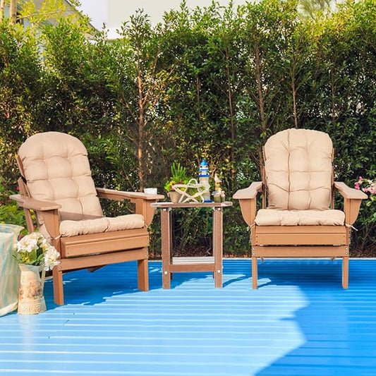 Adirondack Chairs Set of 2 with Cushions & Cup Holders, HDPE Weather Resistant Folding Adirondack Chair for Adults, Outdoor Fire Pit Chairs for Patio/Porch/Swimming Pool/Garden (2, Teak)