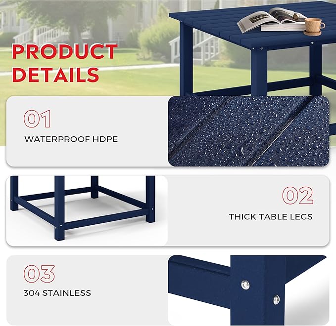 Costaelm Patio Conversation Table, Tatio Accent HDPE Outdoor Weather Resistant, Square Outdoor Porch Balcony Patio Drink Table for Outside, Pool, Backyard, Navy Blue