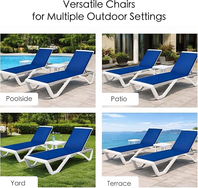 Kozyard Outdoor Chaise Lounge Chair, Full Flat Adjustable Patio Lounger with Aluminum Frame & Resin Legs, Textilene Fabric for Poolside, Backyard & Beach (Blue, Chair with Table)