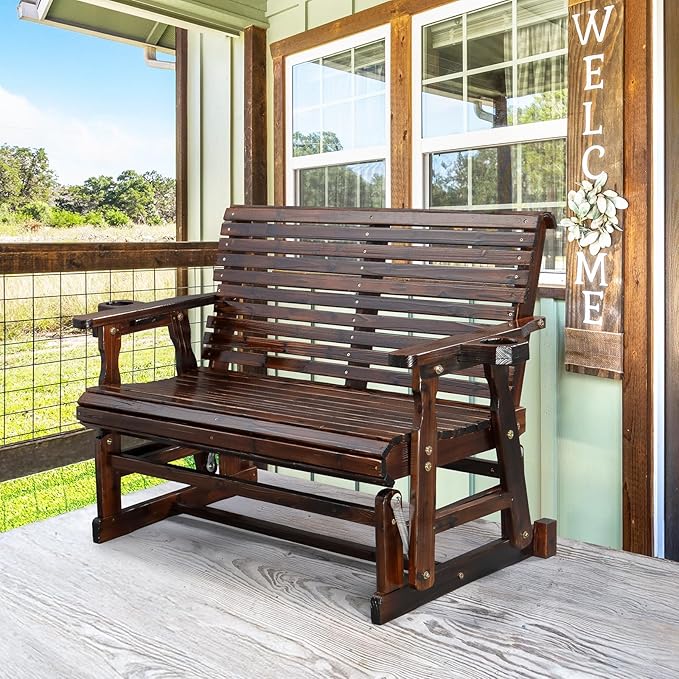 VINGLI Outdoor Glider Wood Patio Chair with Cup Holders, Outdoor Bench Glider Loveseat with Smooth Rocking Mechanism, Heavy Duty 800 LBS, Rustic