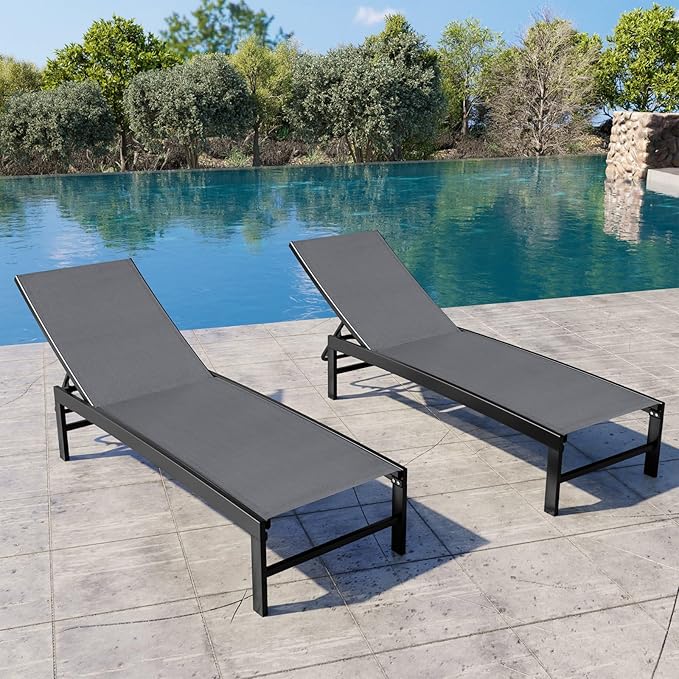 Crestlive Products Chaise Lounge Chair Outdoor Set of 2, Adjustable 5 Positions Pool Lounge Chairs, Metal Tanning Recliner, Outdoor Furniture All Weather for Patio, Beach, Yard, Pool