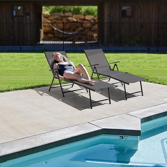 NUU GARDEN Folding Beach Lounge Chair 2-Pack,Chaise Lounge with Iron Frame and Breathable Textilene Fabric for Beach, Yard, Pool and Patio, Grey