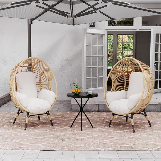 Oversized Wicker Egg Chair, Outdoor Indoor Rattan Patio Egg Lounge Chairs with Cushion 500lbs Capacity for Living Room, Balcony, Backyard (2 PCS, Beige-Regular)