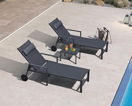 PURPLE LEAF Patio Lounge Chair Set Outdoor Chaise Lounger Aluminum Frame with Armrest 2 Side Table and Wheels for Pool Outside Sunbathing Tanning Recliner Including Pillows Gray