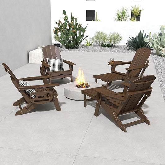 FOOWIN Adirondack Chair with Retractable Ottoman,HDPE Folding Adjustable Adirondack Chair w/4 in 1 Cup Holder Trays,All-Weather Resistant Fire Pit Chair for Outdoor Patio Lawn Set of 8