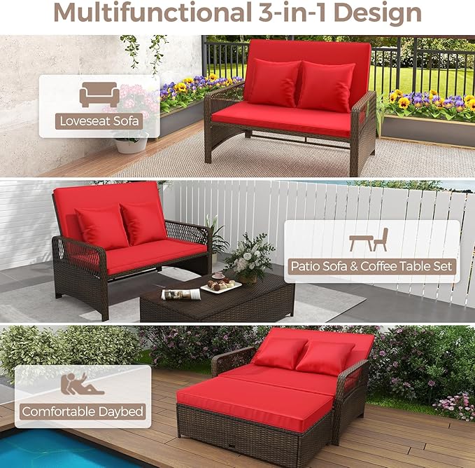 LDAILY Moccha Outdoor Daybed, PE Rattan Double Chaise Lounge w/ 4-Level Adjustable Back, Storage Ottoman, Cushions & Pillows, Separated Seating, Wicker Sunbed for Garden Patio Furniture Set (Red)