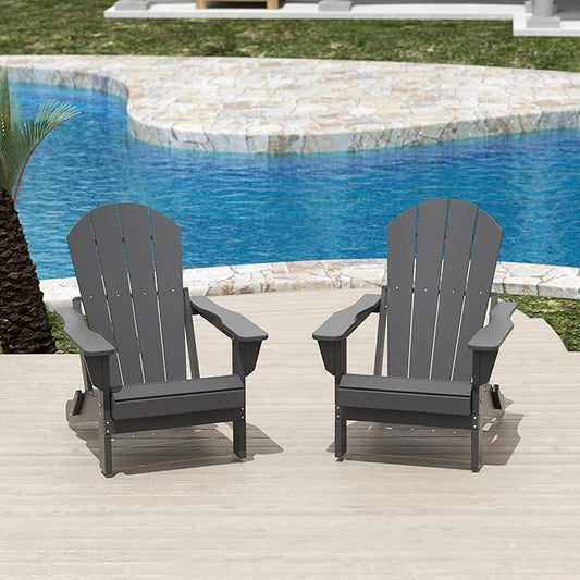 Costaelm Folding Patio Chairs Set of 2, Hdpe Adirondack Chairs Front Porch Furniture Outdoor Seating, All Weather Tanning Chair for Backyard Firepit Garden Lawn, Gray
