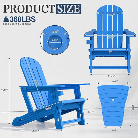 Vongrasig Adirondack Chairs Set of 2 with Removable Tabletop, All-Weather HDPE Outdoor Chair Set with Wooden Textured, Cup Holder for Patio, Poolside, Deck, Garden, Light Blue