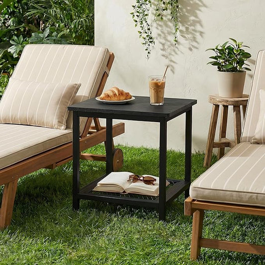 2-Tier Outdoor Side Table with Storage, Weather Resistant Patio End Table, HDPS Small Accent Table for Deck, Garden, Pool, Backyard, Black