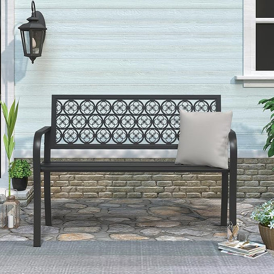 Black Outdoor Bench, Metal Weatherproof Garden Bench Cast Iron Heavy-Duty Patio Bench with Decorative Backrest for Proch Park 880lb Capacity
