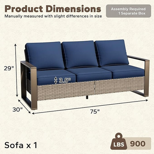 75" Patio Metal Wicker Sofa, All Weather Outdoor Rattan 3-Seat Sofa Couch with Premium Cushions & Rectangular Framed Wood-Looking Metal Armrest for Garden Backyard Porch Deck, Dark Blue