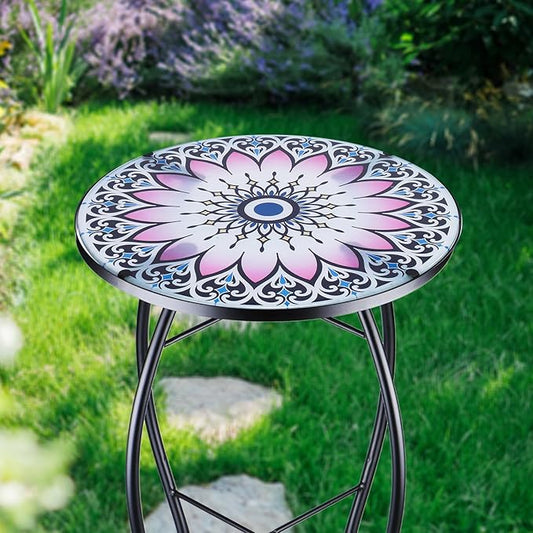 MUMTOP Side Patio Tables-Mosaic Outdoor Side Table - 14’’ Flower Glass Accent Round EndTable, Plant Stand Indoor Small CoffeeTable for Garden or Living Room Decor