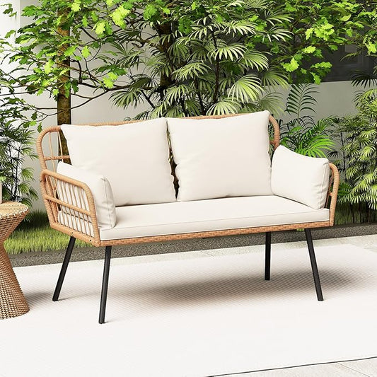 HAPPYGRILL Patio Loveseat Sofa Rattan Wicker 2-Seater Couch with Cushions & Lumbar Pillows, Metal Legs, Outdoor Furniture for Balcony, Porch, Deck (Off White)