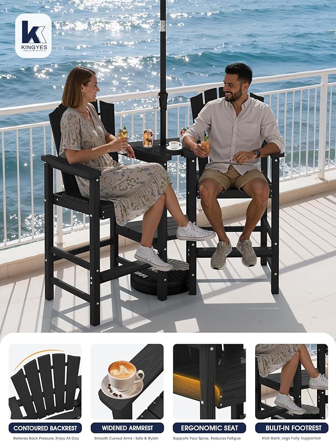 KINGYES Tall Adirondack Chair Set of 2 with 9FT Umbrella, Outdoor HDPE Adirondack Barstools with Double Connecting Trays, High Airondack Chair with Wood Grain, Embossed Balcony Chair, Backyard, Black