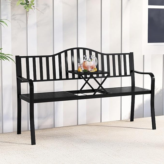 Tangkula 60” Metal Outdoor Garden Park Bench, Heavy-Duty Patio Loveseat Armchair with Pull-Out Center Table, 2-3 Person Park-Style Chair for Backyard, Garden, Balcony, 660 lbs Max Load