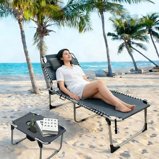 Backpack Sun Tanning Chair with Face Hole & Beach Table, 5-Position Adjustable Folding Lounge Chair Outdoor for Lawn Patio Garden