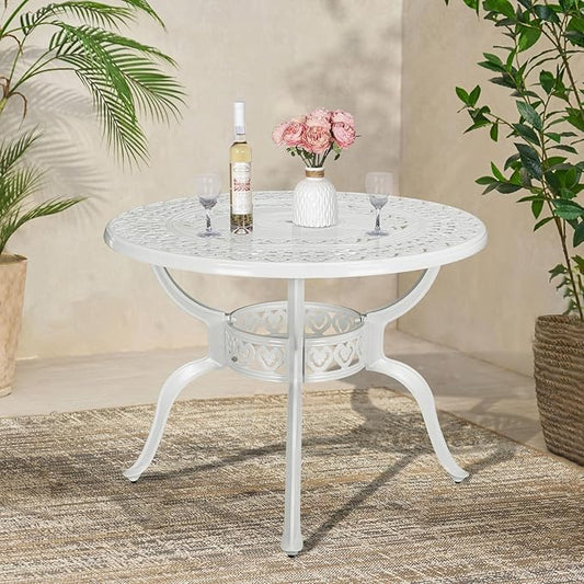VIVIJASON 38.5" Patio Bistro Table Outdoor Dining Round Table White Cast Aluminum Table with Umbrella Hole