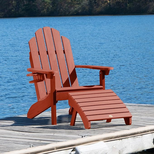 Highwood AD-KITCLAS4-RED Classic Wesport Adirondack Chair with Ottoman and Cup Holder, Rustic Red
