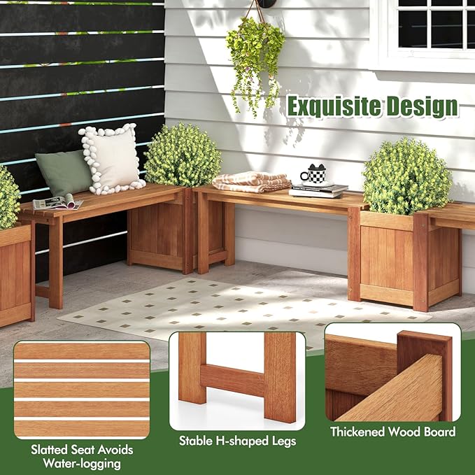 Giantex 2-in-1 Outdoor Bench with Raised Garden Bed, Wood Seat with Teak Oil Finish, Planter Box with Open-Ended Base, Garden Bench Seat for Porch Balcony Lawn Yard, DIY Assembly