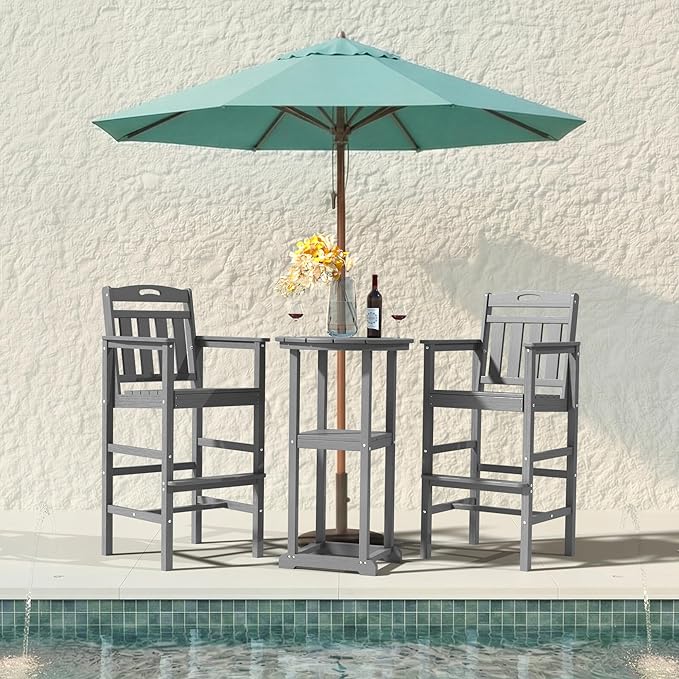 Ciokea Heavy Duty Bar Height Chair, 380lbs Outdoor Adirondack Tall Bar Chair Patio Stool with Arms & High Back, Heavy Duty All-Weather for Balcony, Poolside, Deck and Garden, Grey