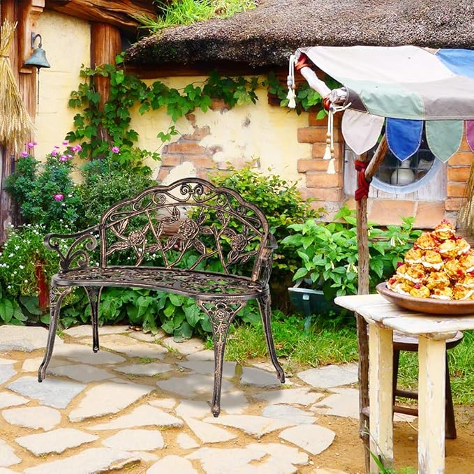 38.5" Patio Park Garden Outdoor Metal Rose Bench, Cast Aluminium Patio Yard Bench, Accented Lawn Front Porch Path Yard Decor Deck Furniture with Floral Rose for Patio, Park, Balcony, Backyard, Bronze