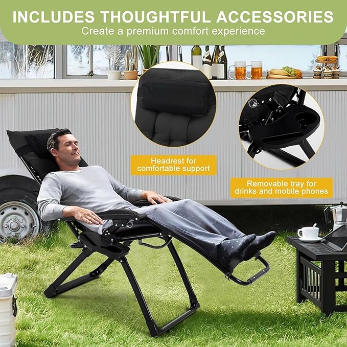 Zero Lounge Chair Supports 440 Lbs, Indoor/Outdoor Adjustable Folding Recliner with 29 Inch Seat, Removable Cup Holder & Headrest Black