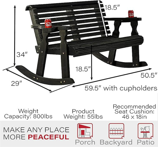 Amish Casual Heavy Duty 800 Lb Roll Back Pressure Treated Double Rocker with Cupholders (Semi-Solid Black Stain)