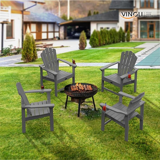 VINGLI Plastic Folding Adirondack Chair with Cup Holder, 100% Recyclable HDPE Material, Comfortable 380lb Weight Capacity for Outdoor Pool Patio Lounge Chair Lawn Furniture Fire Pit, 2 Pack,Gray