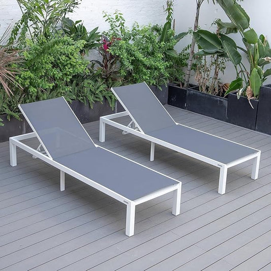 LeisureMod Marlin Aluminum Outdoor Chaise Lounge Chair (Set of 2) - Mesh Sling Fabric Seat White Aluminum Frame Beach, Pool Lounge Chair for Modern Patio Lawn, Garden and Backyard (Dark Grey)