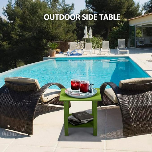 Adirondack Outdoor Side Table with Wood-Like Grain, 16.6" Small Patio End Table, 2-Tier HDPE Plastic Table for Poolside Porch Garden, Weather Resistant & Easy Assembly (Lime, Rectangle)