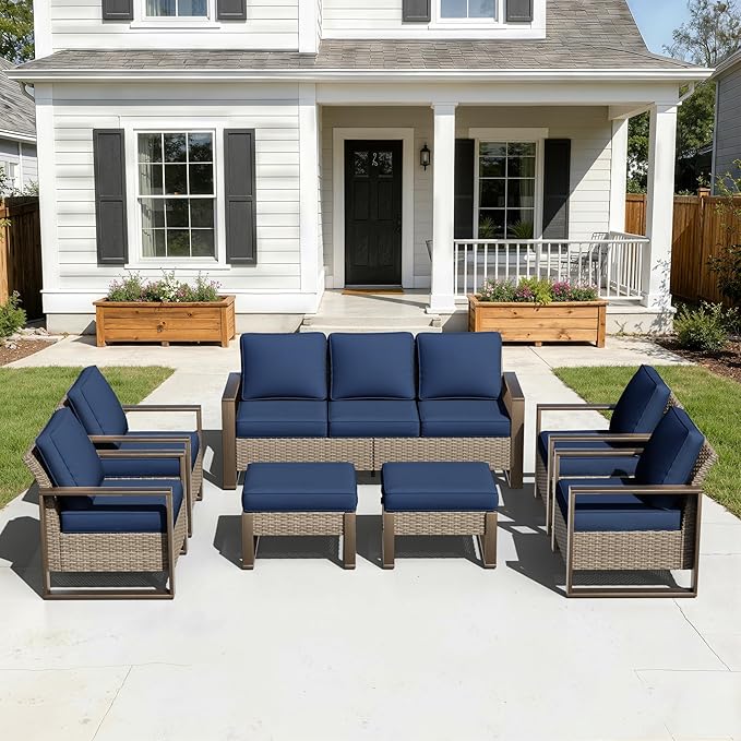 7 Pieces Metal Wicker Patio Furniture Set - 75" Sofa, Four Armchairs and Two Ottomans, All Weather Rattan Outdoor Conversation Furniture with Washable Cushion for Deck Porch, Dark Blue